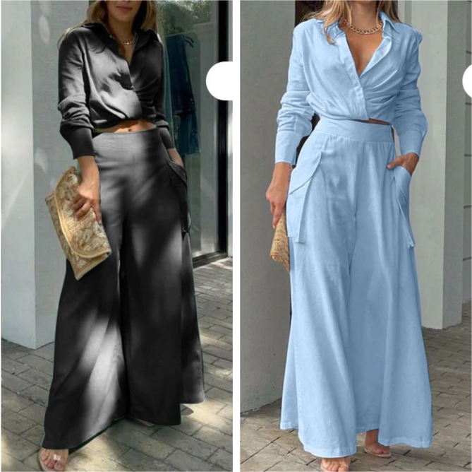 Elegantes zweiteiliges Set: langärmliges Oberteil mit Bündchen und Hose mit hoher Taille