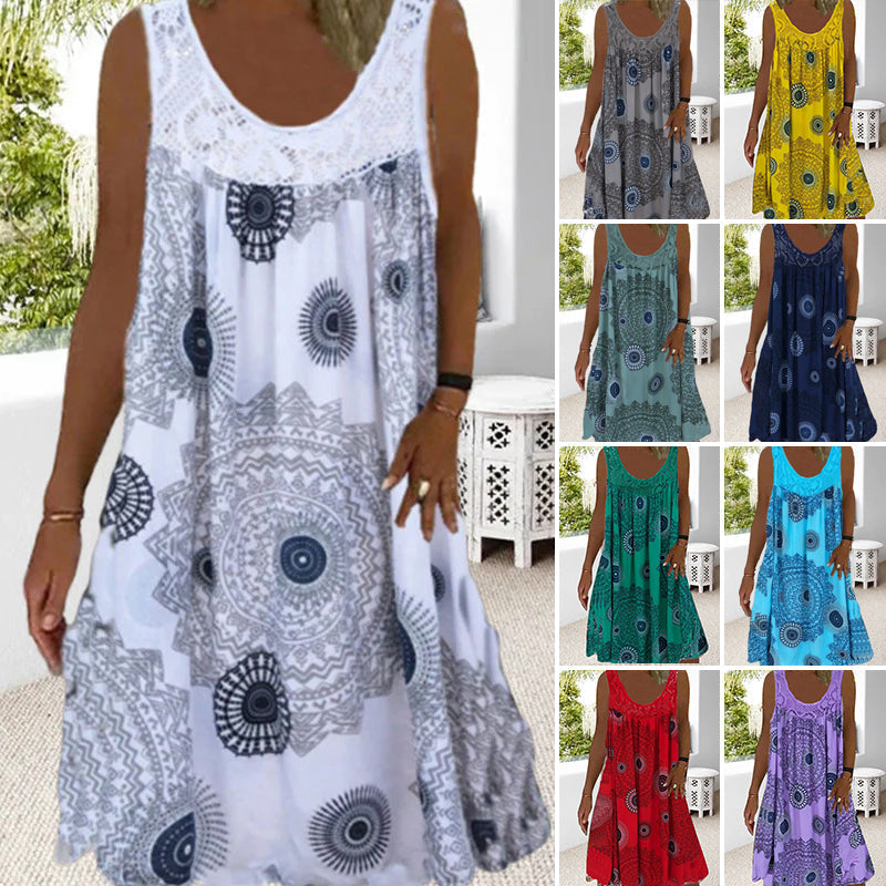 🔥Women Sommer O-Ausschnitt ärmelloses Kleid mit Druck