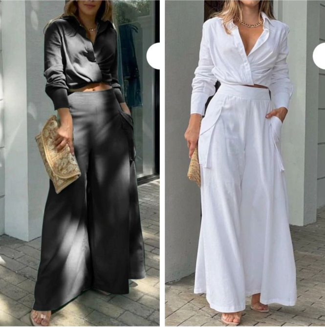 Elegantes zweiteiliges Set: langärmliges Oberteil mit Bündchen und Hose mit hoher Taille