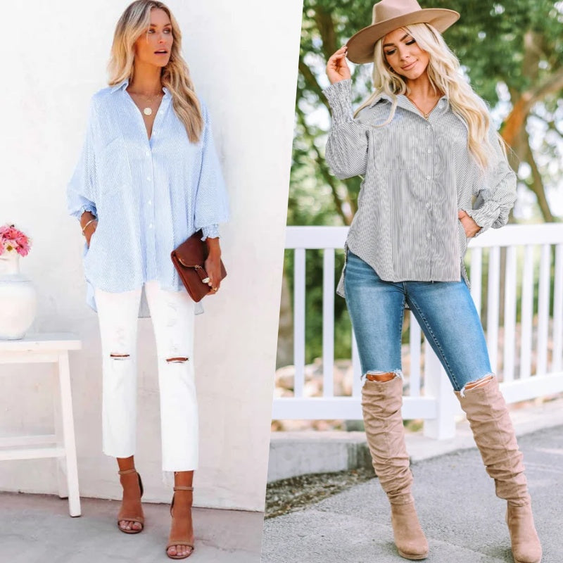 🌞Frühlingserwachen: 50% Rabatt!🌸Oversized Streifenhemd "Smock-Chic" – Luftiger Boyfriend-Style mit gesmokten Manschetten