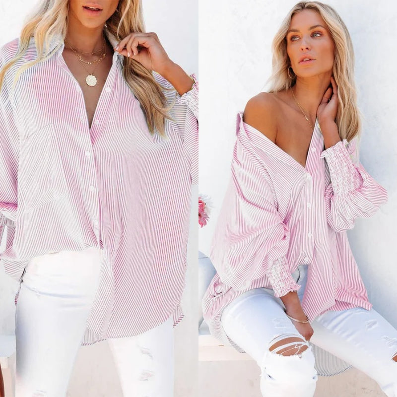 🌞Frühlingserwachen: 50% Rabatt!🌸Oversized Streifenhemd "Smock-Chic" – Luftiger Boyfriend-Style mit gesmokten Manschetten