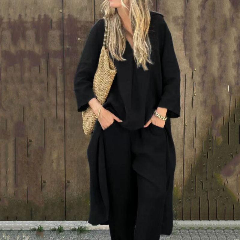 Damen Sommer Lockeres 2-teiliges Set mit V-Ausschnitt und Tasche