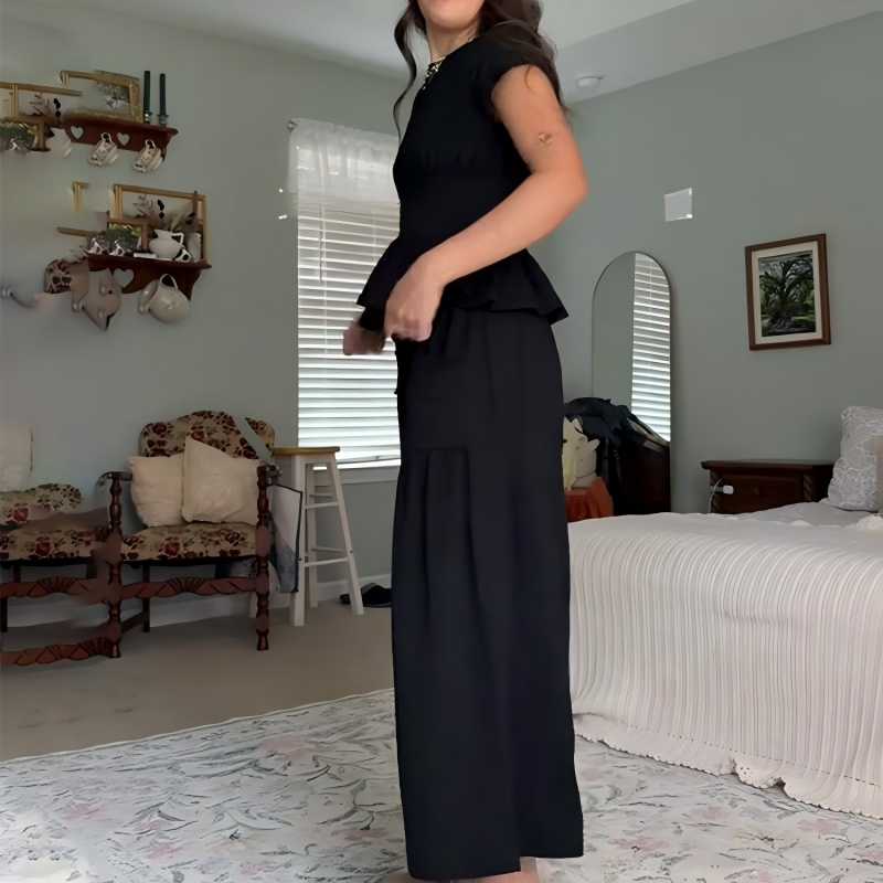 🌞Frühlingserwachen: 50% Rabatt!✨Damen Gesmoktes Zweiteiler Set – Weite Bein Hose & Strukturierte Bluse, Vielseitig für Büro & Alltag