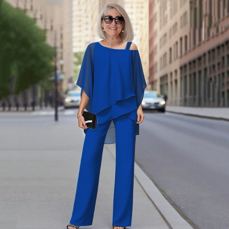 🌞Frühlingserwachen: 50% Rabatt!✨Damen Asymmetrisches Chiffon-Zweiteiler – Fledermausärmel & Weite Hose, Elegant & Atmungsaktiv für jeden Anlass