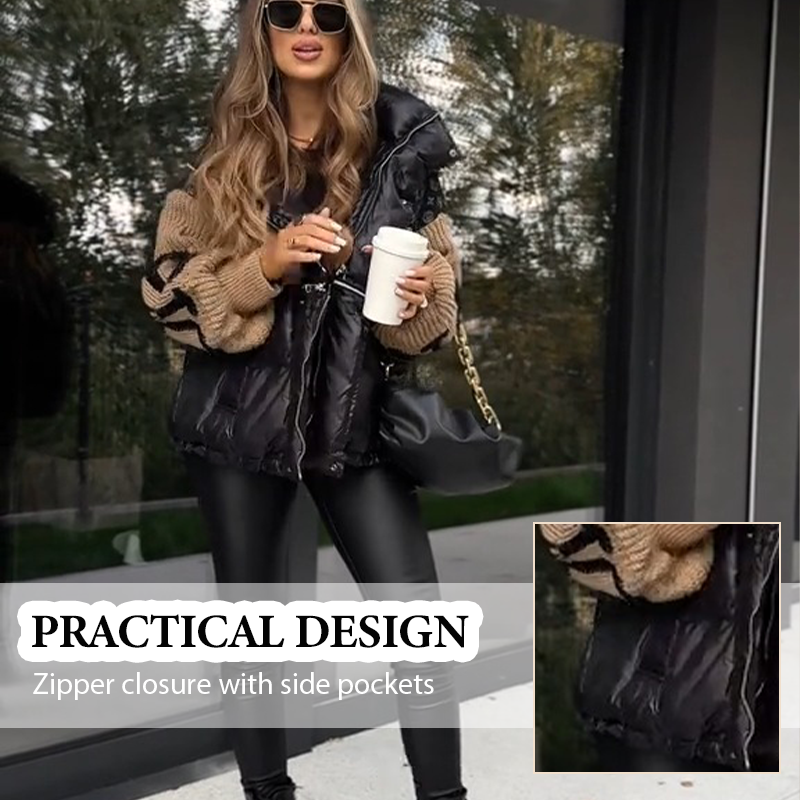 ❤️2025 Halbpreis-Ausverkauf🧥❄️ Damen-Steppjacke mit Kapuze, Strickärmeln und Patchwork-Design