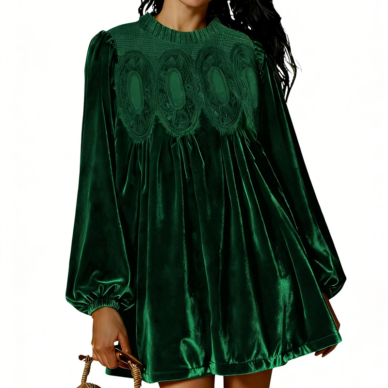 🎉 Neujahrsgeschenk – 50% RABATT!🌸 Vintage-Tunikakleid mit Spitzeneinsatz: A-Linie + Bischofsärmel – bequem elegant für Tag & Abend