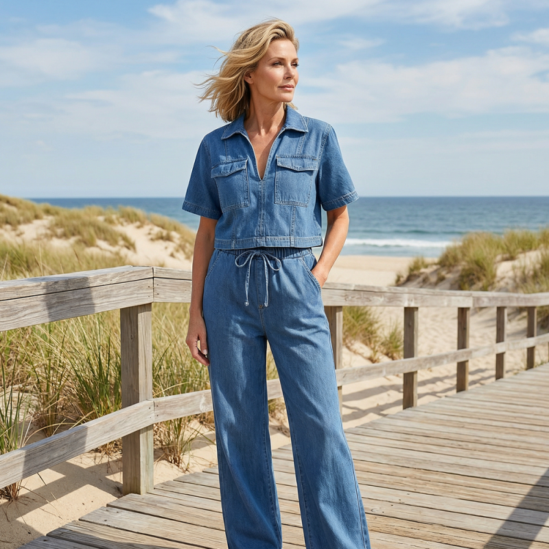 🎉 Neujahrsgeschenk – 50% RABATT!👖 Lässiges Denim-Zweiteiler-Set für Damen: Crop-Top + Weite Hose – bequem & stylisch für jeden Anlass!