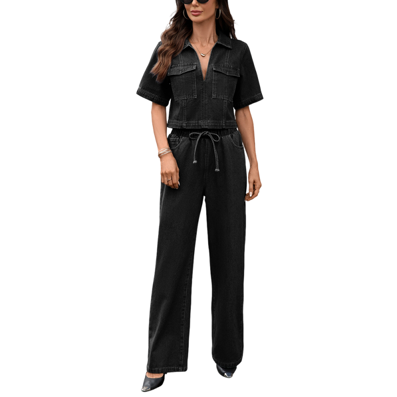 🎉 Neujahrsgeschenk – 50% RABATT!👖 Lässiges Denim-Zweiteiler-Set für Damen: Crop-Top + Weite Hose – bequem & stylisch für jeden Anlass!