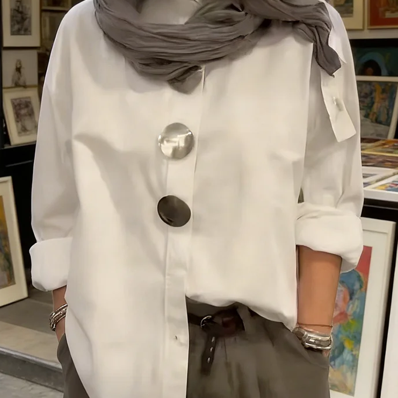 🌞Frühlingserwachen: 50% Rabatt!👚 Damen Oversized Bluse mit großen Metallknöpfen: Stehkragen – Statement-Piece für Büro & Freizeit