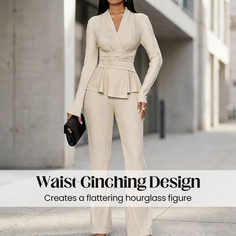 🌞Frühlingserwachen: 50% Rabatt!✨Damen 2-teiliges Peplum-Set – Crossover-V-Ausschnitt & Wickelgürtel, Strukturierter Stoff für Sanduhr-Silhouette