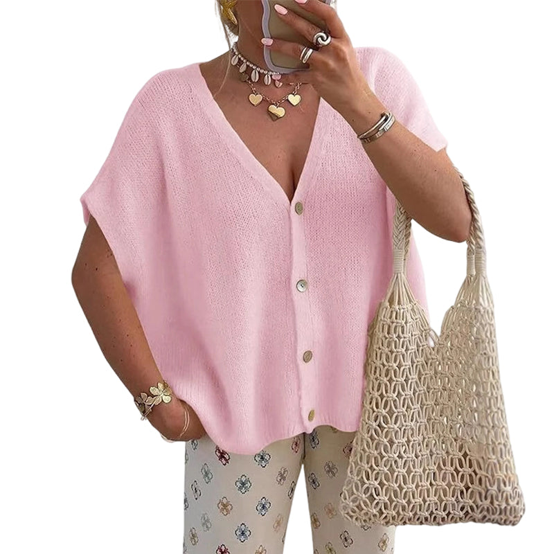 🌞Frühlingserwachen: 50% Rabatt!🦋Damen Leichte Kurzarm Strickjacke – Fledermausärmel & V-Ausschnitt, Vielseitig für Frühling & Herbst