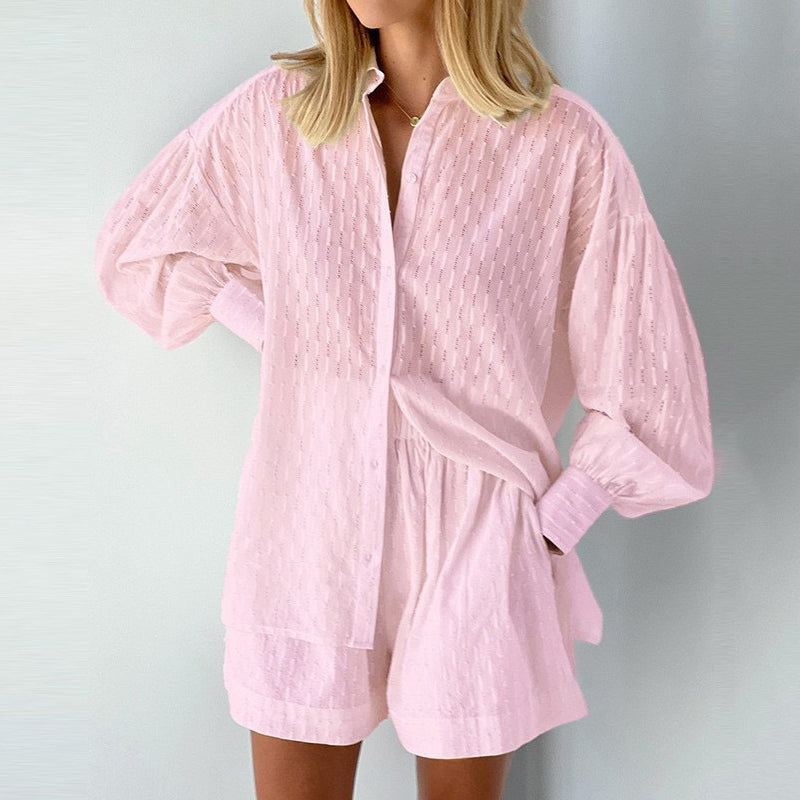 🌞Frühlingserwachen: 50% Rabatt!✨Urban Chic Damen Jacquard Zweiteiler – Puffärmel & Hochtaillierte Shorts, Elegant & Vielseitig für Büro & Abend