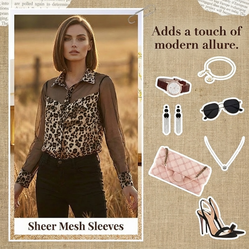 🌞Frühlingserwachen: 50% Rabatt!Statement-Bluse mit Leoparden-Print: Figurbetontes Langarm-Shirt mit Mesh-Details