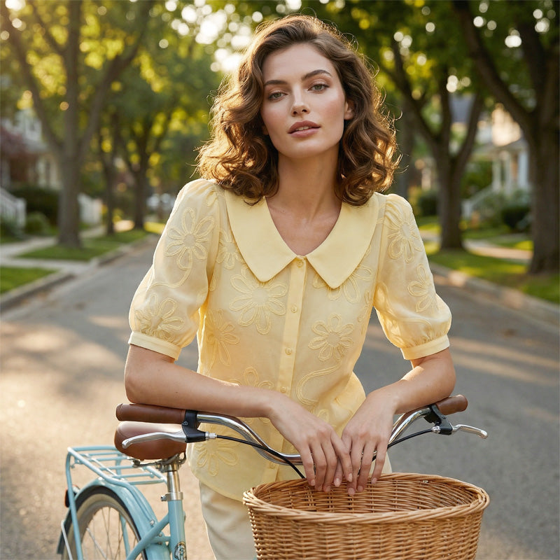 🌞Frühlingserwachen: 50% Rabatt!✨Damen Besticktes Retro-Hemd – Peter-Pan-Kragen & Puffärmel, 100% Baumwolle, Vielseitig für Alltag & Elegante Anlässe