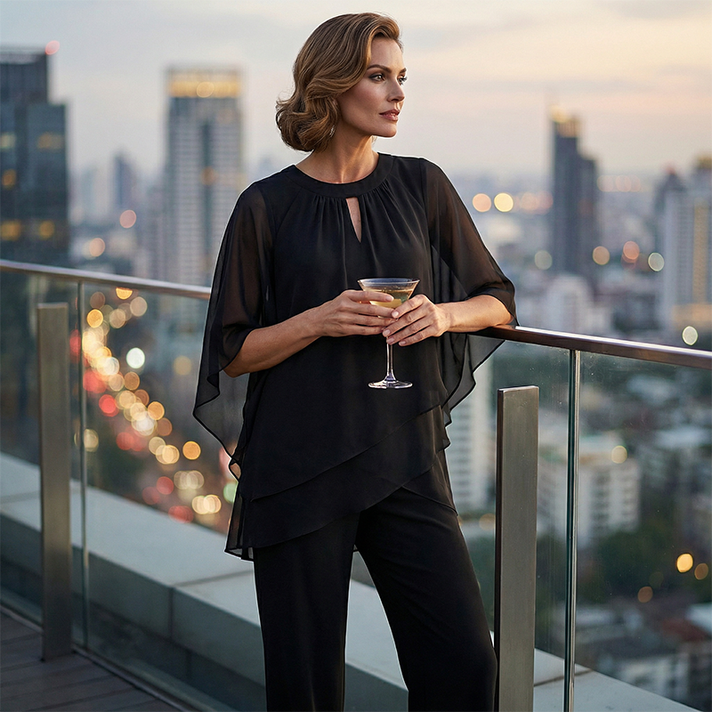 🌞Frühlingserwachen: 50% Rabatt!✨Festliches Chiffon-Set: Figurschmeichelnder Zweiteiler im Lagen-Look mit weiter Hose