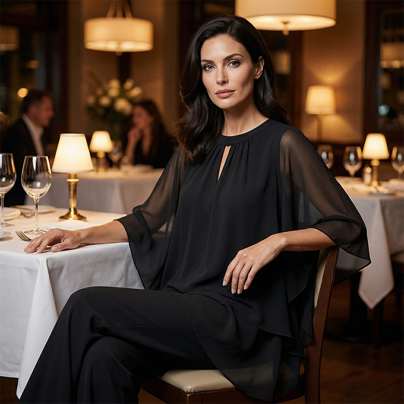 🌞Frühlingserwachen: 50% Rabatt!✨Festliches Chiffon-Set: Figurschmeichelnder Zweiteiler im Lagen-Look mit weiter Hose