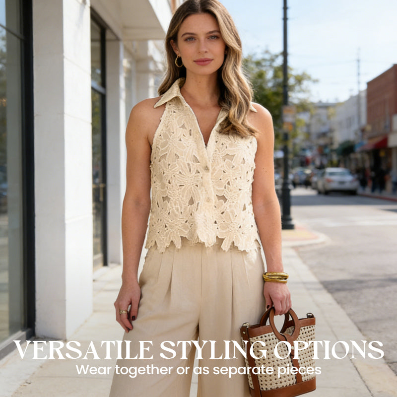 🌞Frühlingserwachen: 50% Rabatt!✨Damen Elegantes Spitzen-Zweiteiler – Halterneck-Oberteil & Weite Hose, Atmungsaktiv & Vielseitig