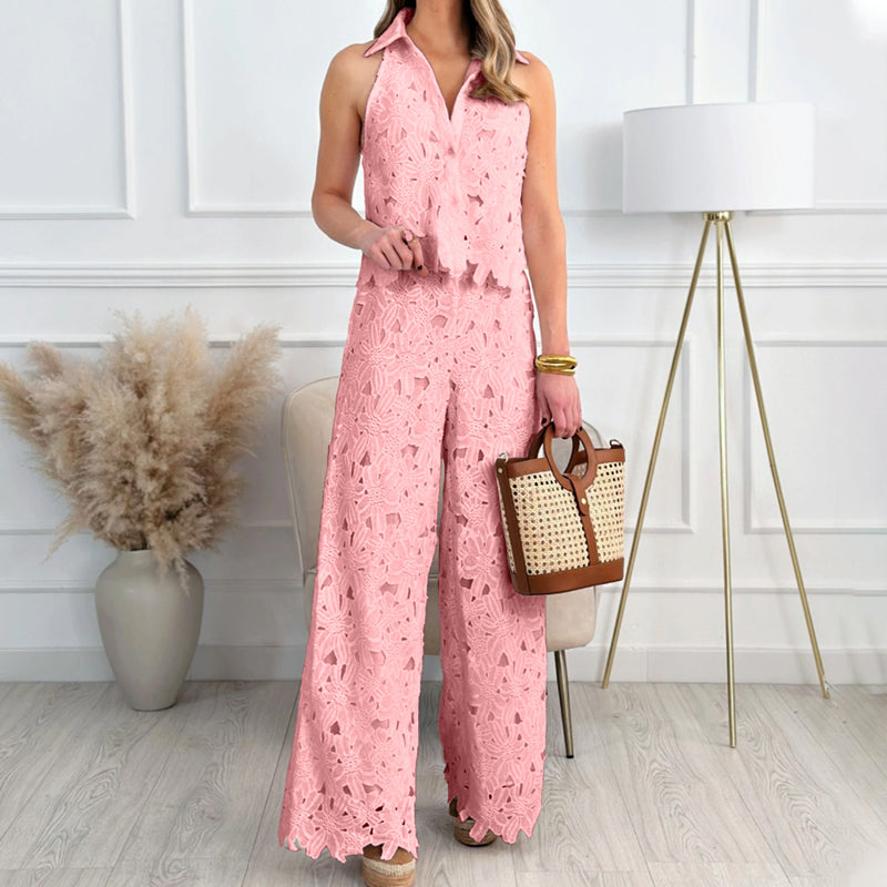 🌞Frühlingserwachen: 50% Rabatt!✨Damen Elegantes Spitzen-Zweiteiler – Halterneck-Oberteil & Weite Hose, Atmungsaktiv & Vielseitig