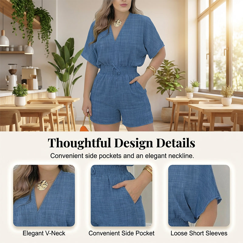 🌞Frühlingserwachen: 50% Rabatt!📿"Easy Breeze" Sommer-Romper: Figurschmeichelnde Smock-Taille & V-Neck