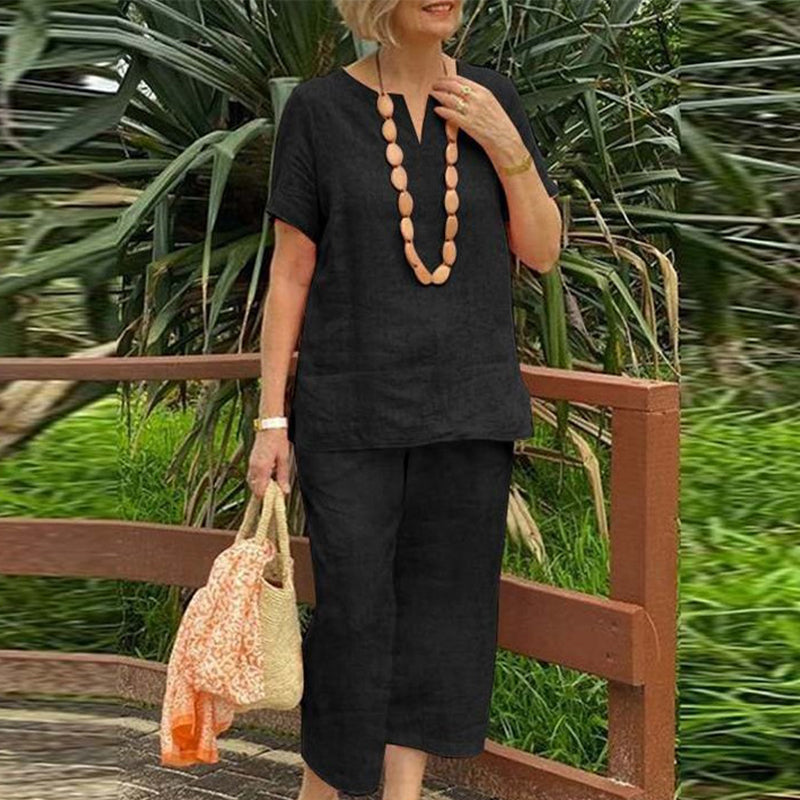 🌞Frühlingserwachen: 50% Rabatt!✨ Damen Lässiges Sommer-Set (Kurzarmhemd + Elastische Bund-Hose)