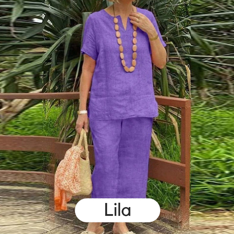 🌞Frühlingserwachen: 50% Rabatt!✨ Damen Lässiges Sommer-Set (Kurzarmhemd + Elastische Bund-Hose)