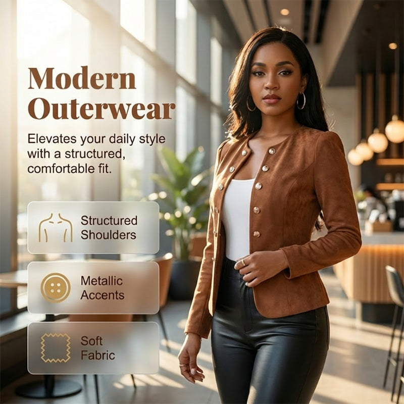 🌞Frühlingserwachen: 50% Rabatt!✨Damen Kragenlose Kunstwildleder-Jacke – Kurze Silhouette, Samtige Textur