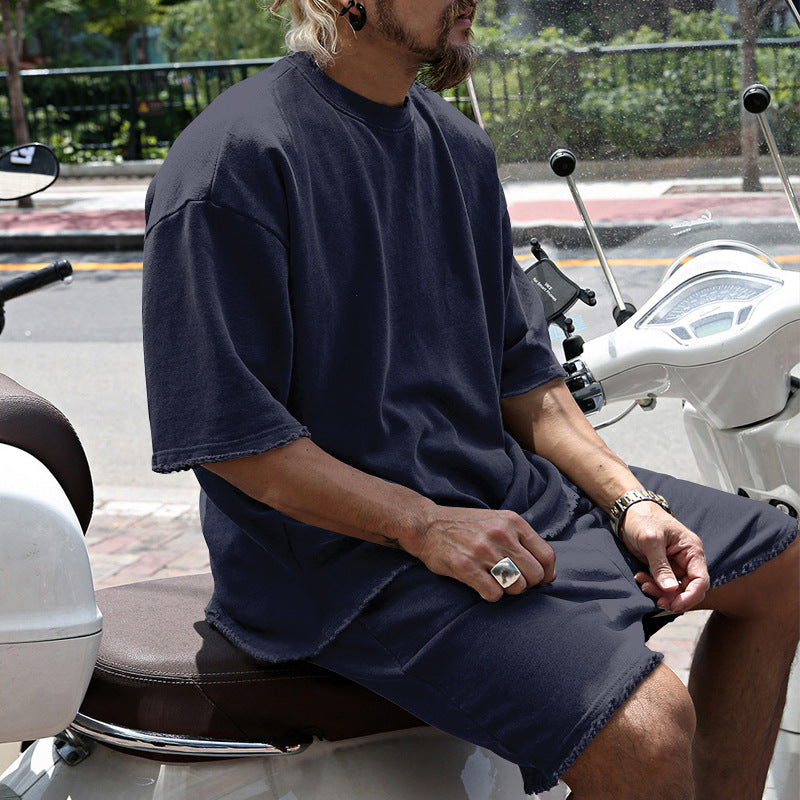 🌞Frühlingserwachen: 50% Rabatt!💎2-Teiler Herren Urban Set: Oversized Kurzarm-Sweatshirt & Shorts mit Raw-Edges