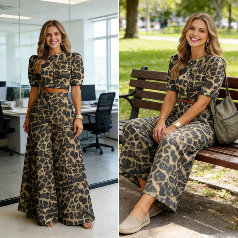 Elegantes Co-ord Set im Print-Design: Figurschmeichelndes Blusen-Top & weite Maxihose