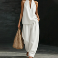 🌞Frühlingserwachen: 50% Rabatt!"Effortless Chic" Zweiteiler: Elegantes Neckholder-Top & weite Hose mit Taschen