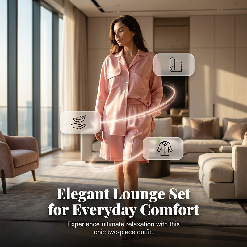 🌞Frühlingserwachen: 50% Rabatt!✨"Pyjama-Chic" Lounge-Set: Seidenweicher Zweiteiler mit Hemd & Bermuda-Shorts