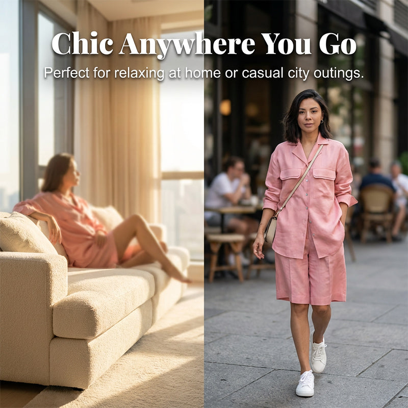 🌞Frühlingserwachen: 50% Rabatt!✨"Pyjama-Chic" Lounge-Set: Seidenweicher Zweiteiler mit Hemd & Bermuda-Shorts