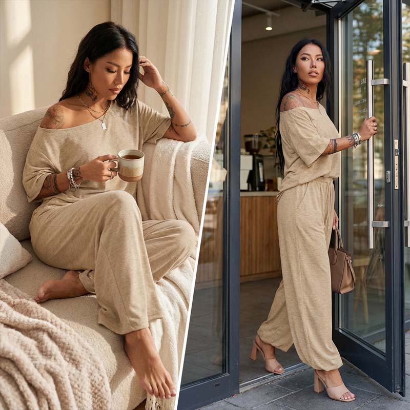 🌞Frühlingserwachen: 50% Rabatt!💎"Soft-Touch" Lounge-Set mit asymmetrischem Off-Shoulder Top & Weiter Hose