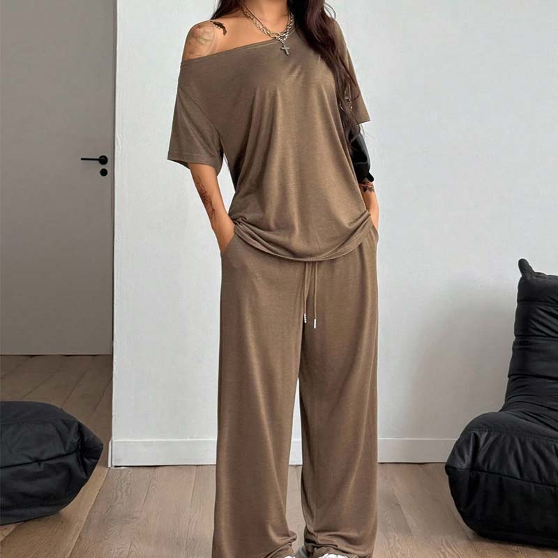 🌞Frühlingserwachen: 50% Rabatt!💎"Soft-Touch" Lounge-Set mit asymmetrischem Off-Shoulder Top & Weiter Hose