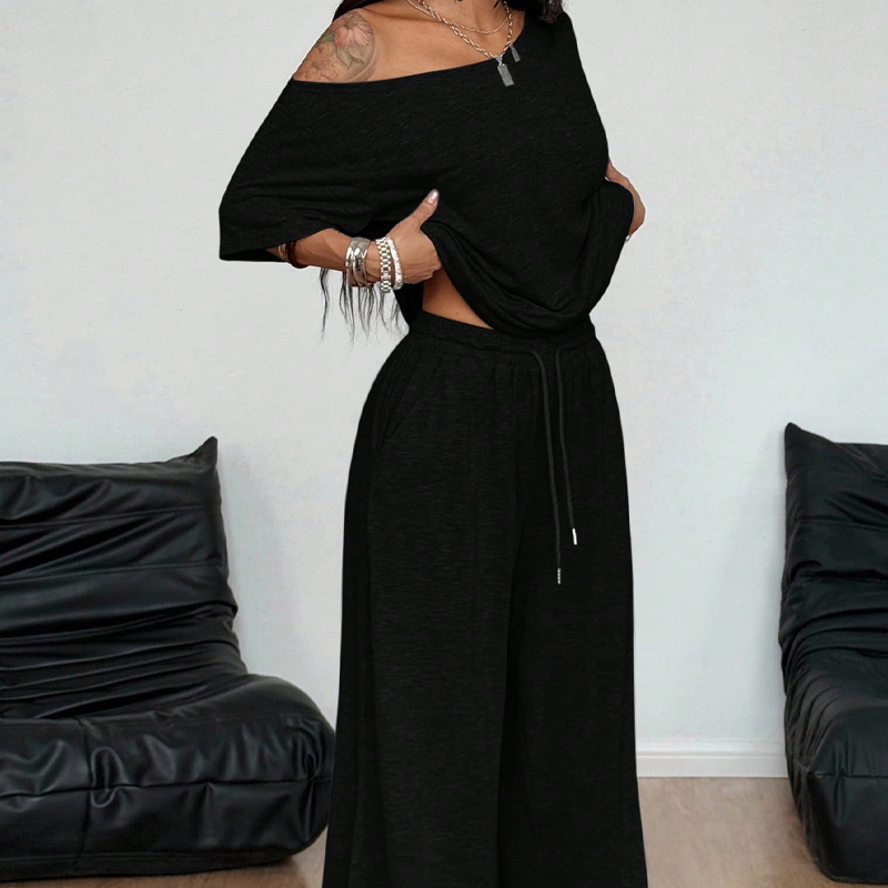 🌞Frühlingserwachen: 50% Rabatt!💎"Soft-Touch" Lounge-Set mit asymmetrischem Off-Shoulder Top & Weiter Hose