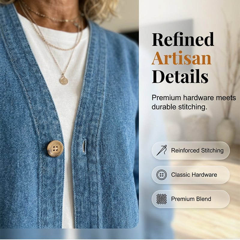 🌞Frühlingserwachen: 50% Rabatt!📿"Boho-Chic" Jeans-Cardigan: Kragenlose Denim-Jacke mit V-Ausschnitt & Holzknöpfen