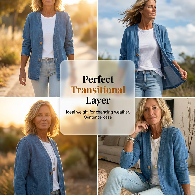 🌞Frühlingserwachen: 50% Rabatt!📿"Boho-Chic" Jeans-Cardigan: Kragenlose Denim-Jacke mit V-Ausschnitt & Holzknöpfen