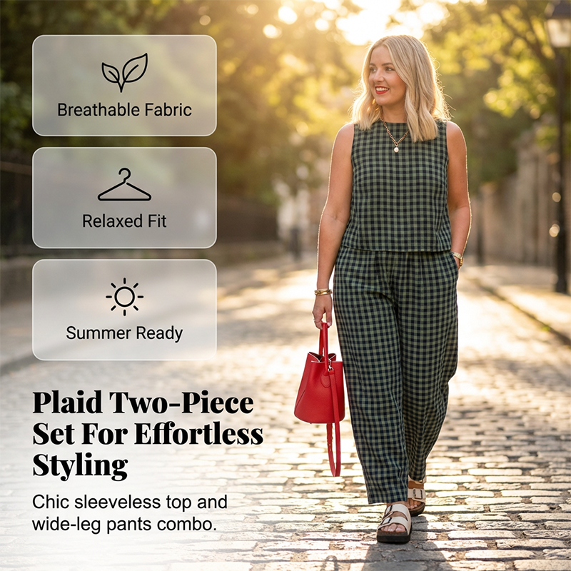 Summer Gingham Print Tank and Trousers Outfit