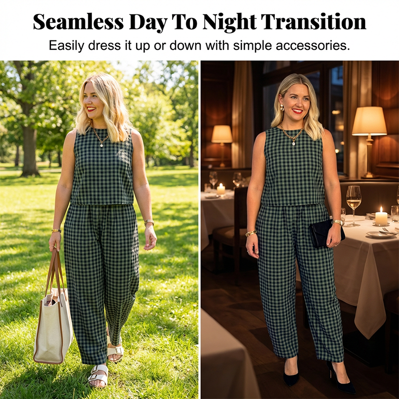 Summer Gingham Print Tank and Trousers Outfit