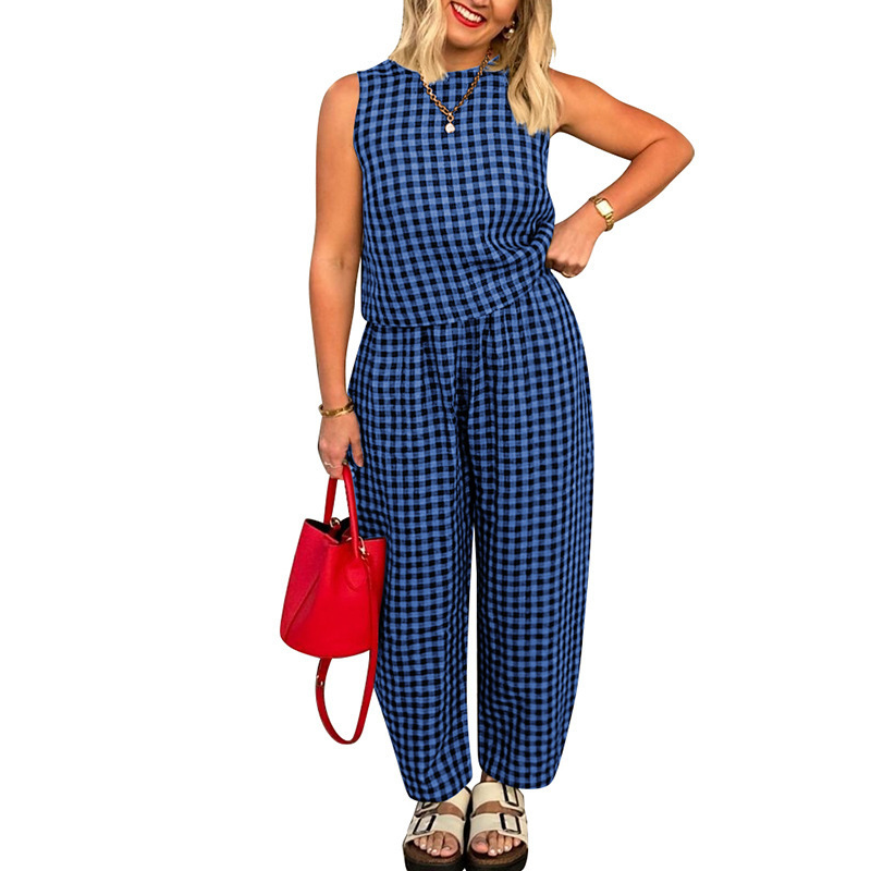 Summer Gingham Print Tank and Trousers Outfit