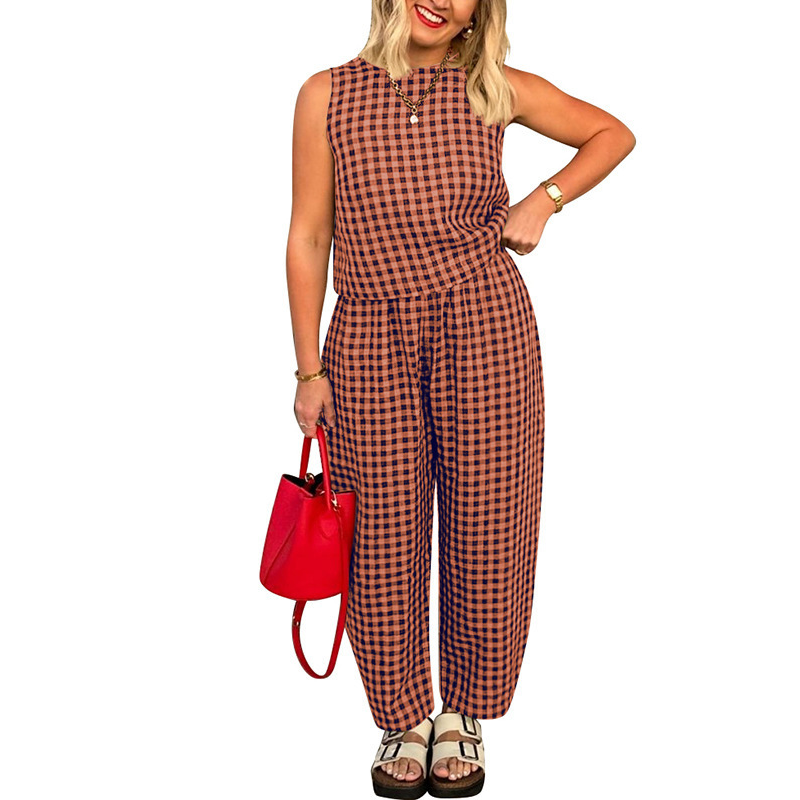 Summer Gingham Print Tank and Trousers Outfit