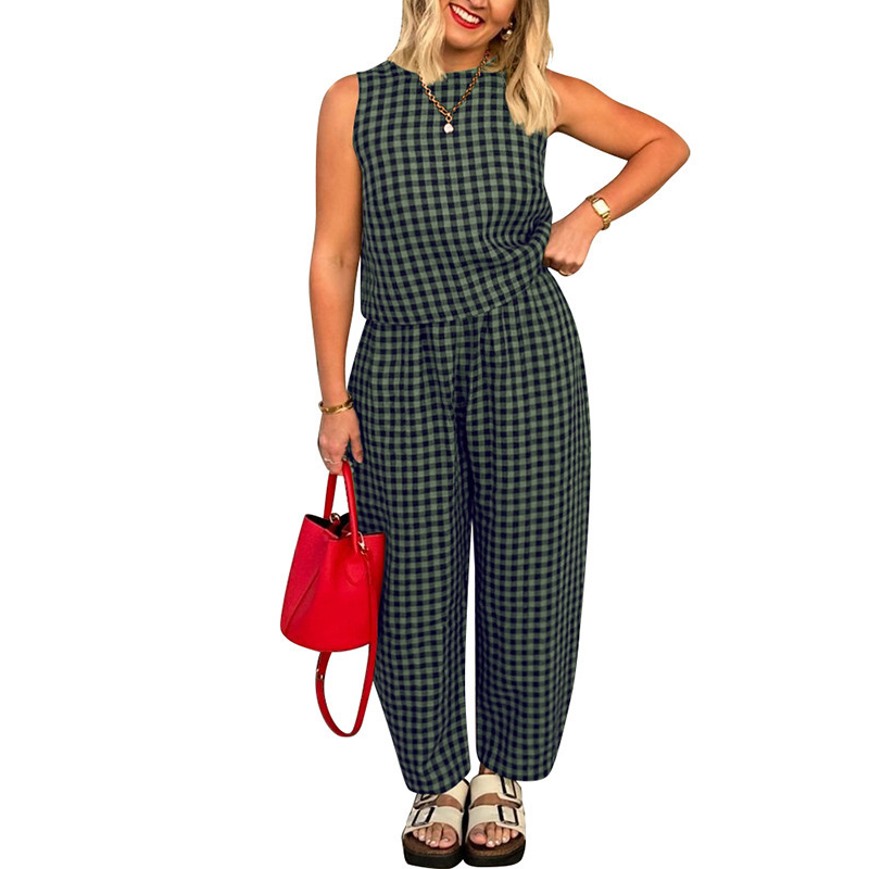 Summer Gingham Print Tank and Trousers Outfit