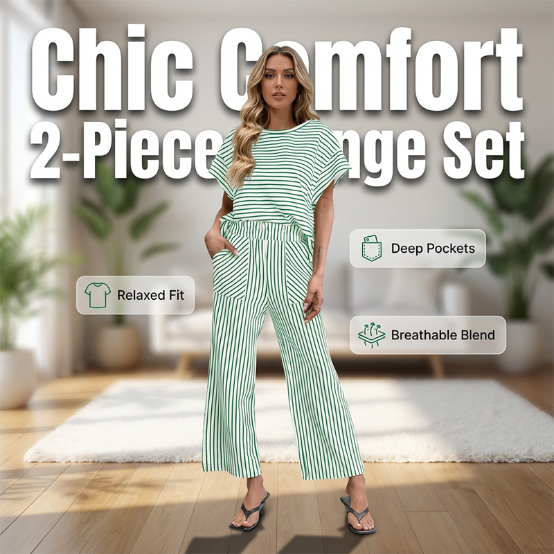 👚 Zweiteiliges Lounge-Set für Damen mit Streifenmuster – tiefe Seitentaschen, bequemer Stretch-Bund. ✨