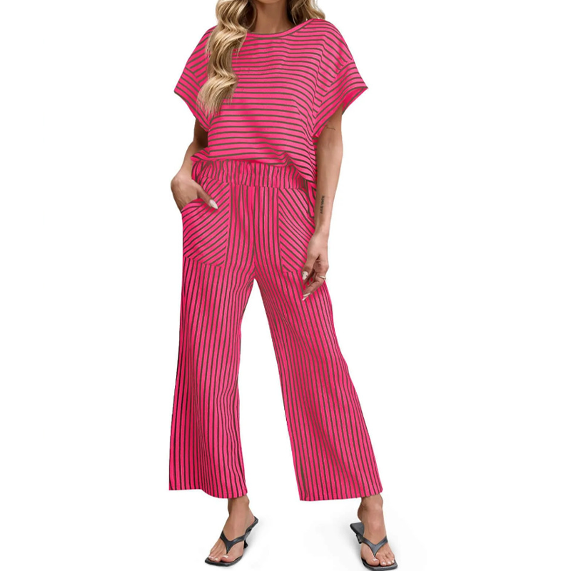 👚 Zweiteiliges Lounge-Set für Damen mit Streifenmuster – tiefe Seitentaschen, bequemer Stretch-Bund. ✨