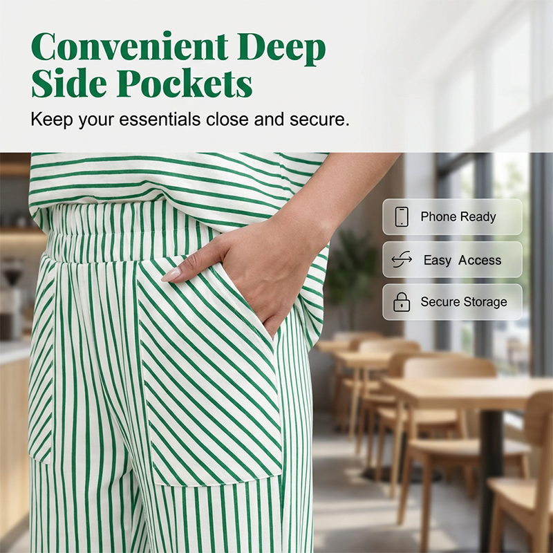 👚 Zweiteiliges Lounge-Set für Damen mit Streifenmuster – tiefe Seitentaschen, bequemer Stretch-Bund. ✨