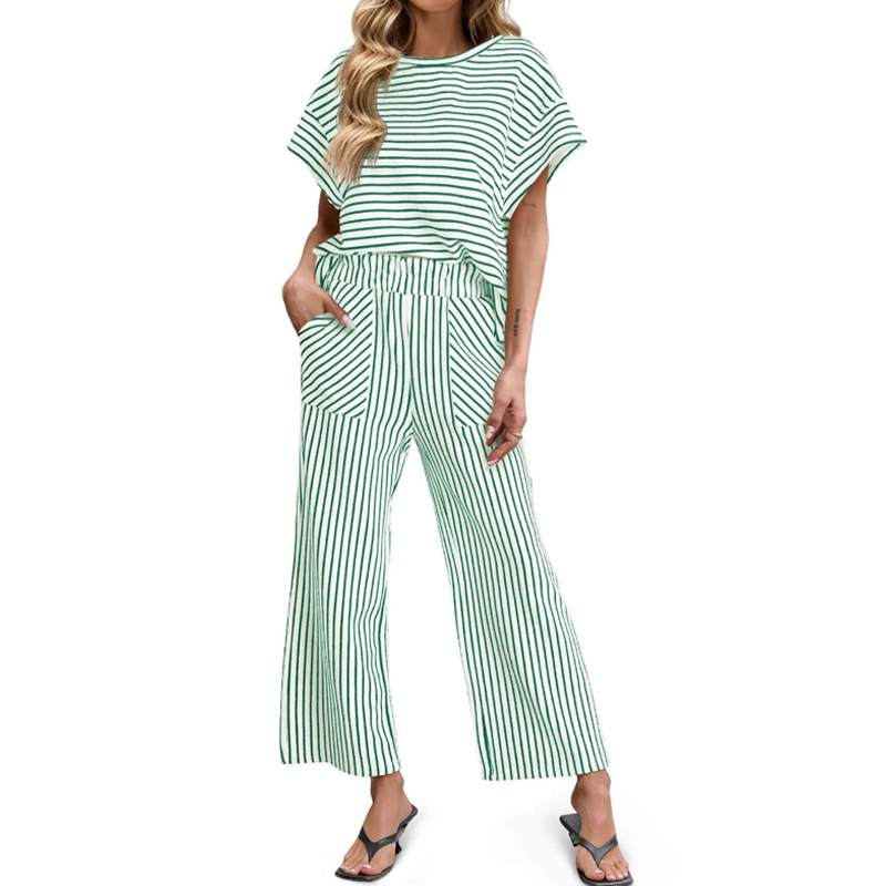 👚 Zweiteiliges Lounge-Set für Damen mit Streifenmuster – tiefe Seitentaschen, bequemer Stretch-Bund. ✨