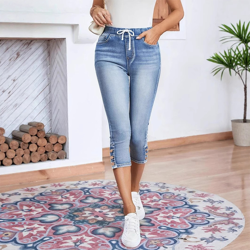 Women's Stretch Capri Jeans with Drawstring Waist