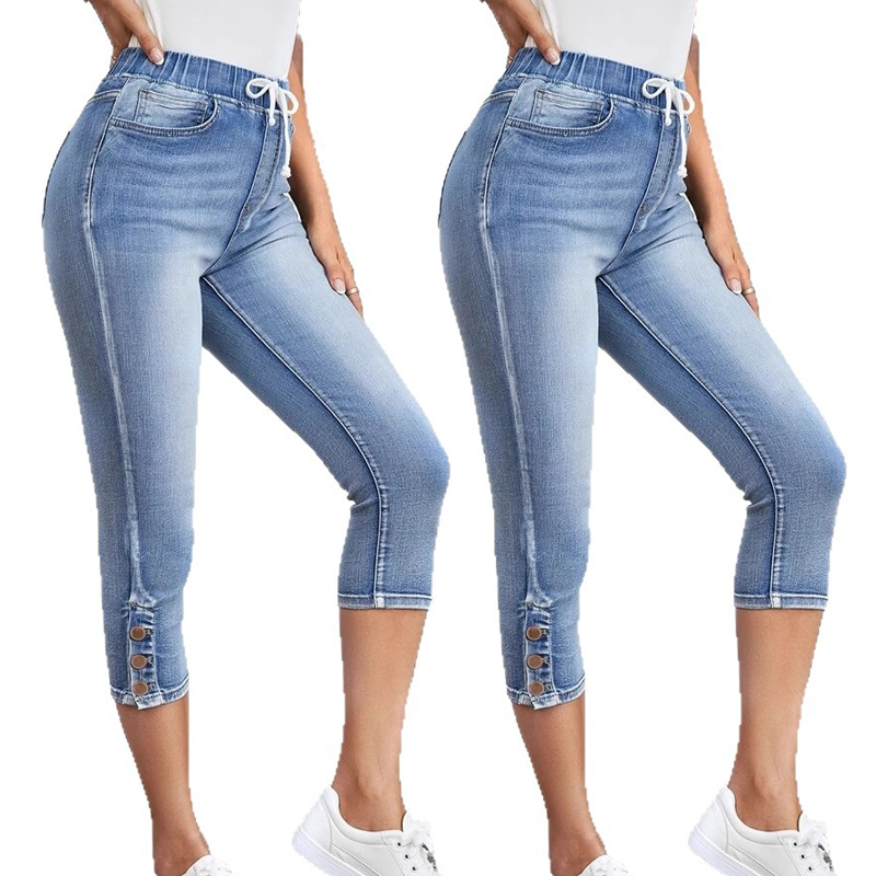 Women's Stretch Capri Jeans with Drawstring Waist