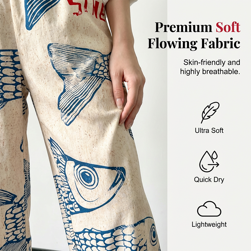 Women's Artistic Fish Print Wide-Leg Pants