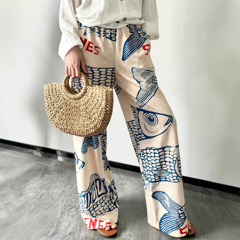 Women's Artistic Fish Print Wide-Leg Pants