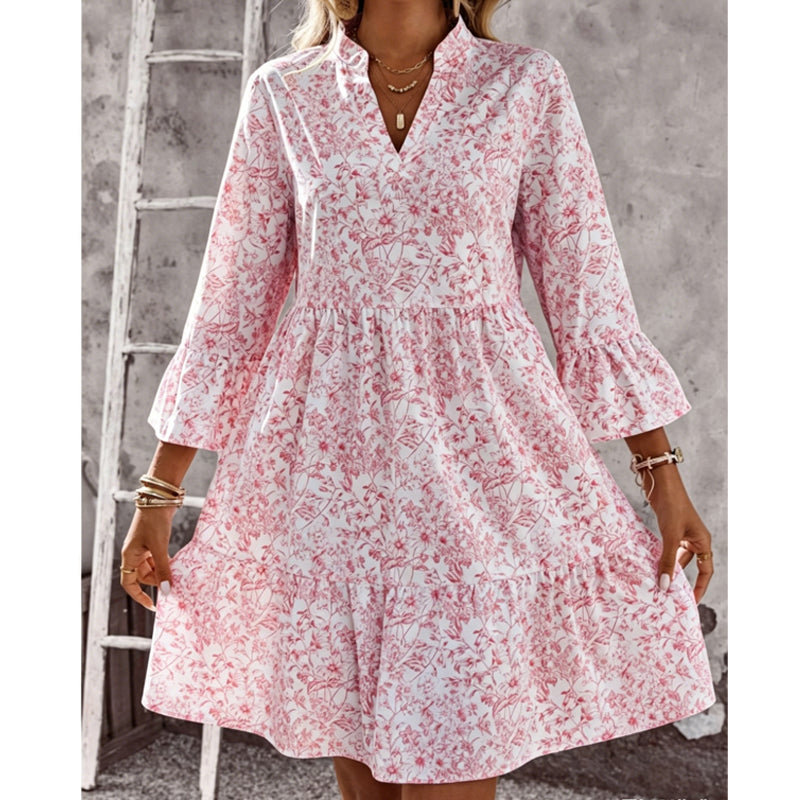 Elegantes V-Ausschnitt Midikleid mit Premium-Drape – Blumiges Stufenkleid